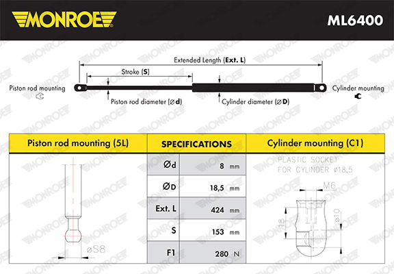 Gasfeder, Motorhaube vorne Monroe ML6400