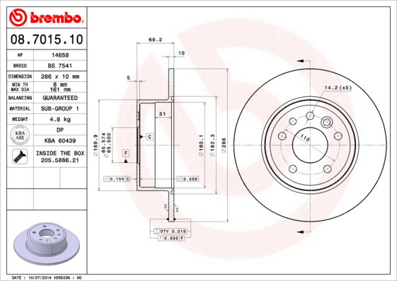 Bremsscheibe Hinterachse Brembo 08.7015.10