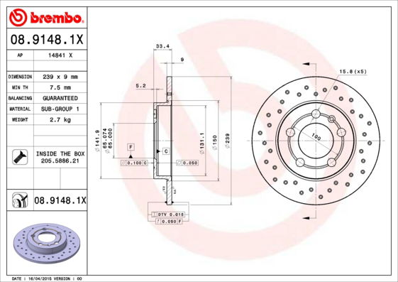 Bremsscheibe Hinterachse Brembo 08.9148.1X