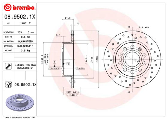 Bremsscheibe Hinterachse Brembo 08.9502.1X