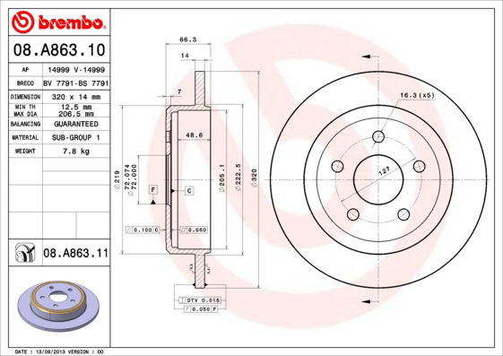 Bremsscheibe Hinterachse Brembo 08.A863.11