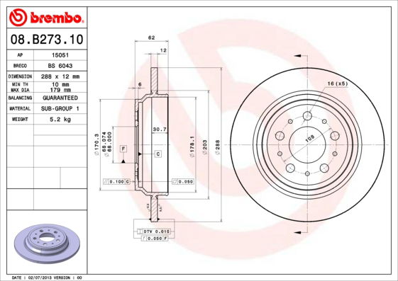 Bremsscheibe Hinterachse Brembo 08.B273.10