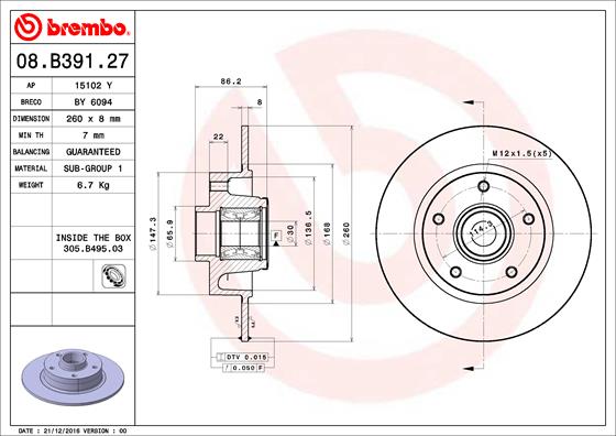 Bremsscheibe Hinterachse Brembo 08.B391.27