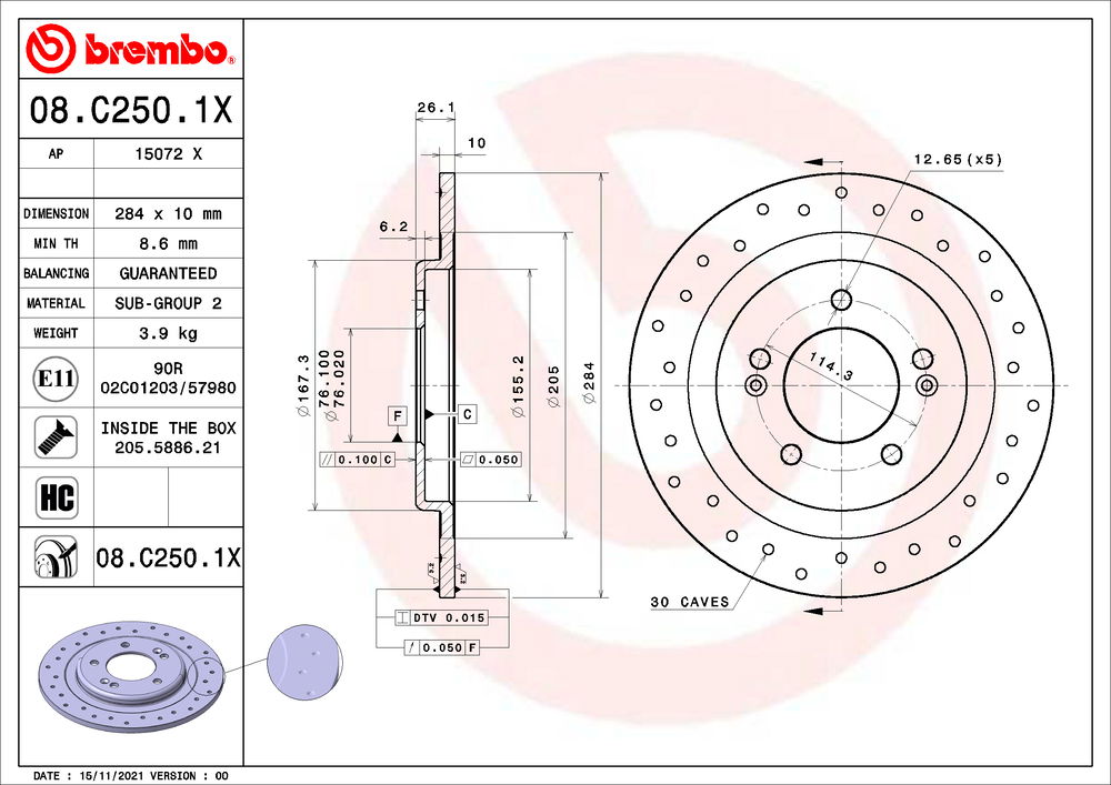 Bremsscheibe Hinterachse Brembo 08.C250.1X