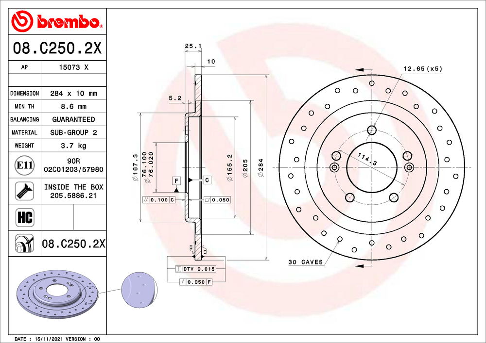 Bremsscheibe Hinterachse Brembo 08.C250.2X