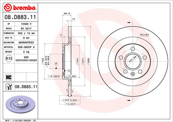 Brembo Bremsscheibe Hinterachse  08.D883.11