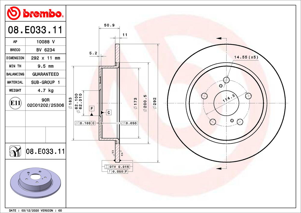 Brembo Bremsscheibe Hinterachse  08.E033.11