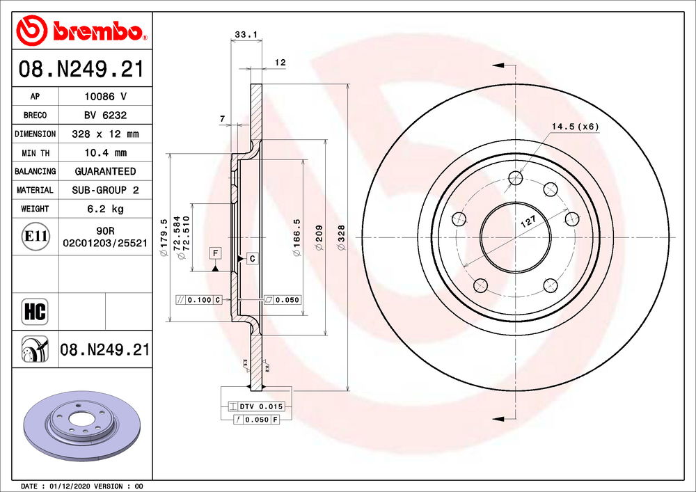 Bremsscheibe Hinterachse Brembo 08.N249.21