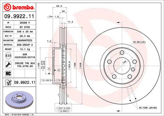 Bremsscheibe Vorderachse Brembo 09.9922.11