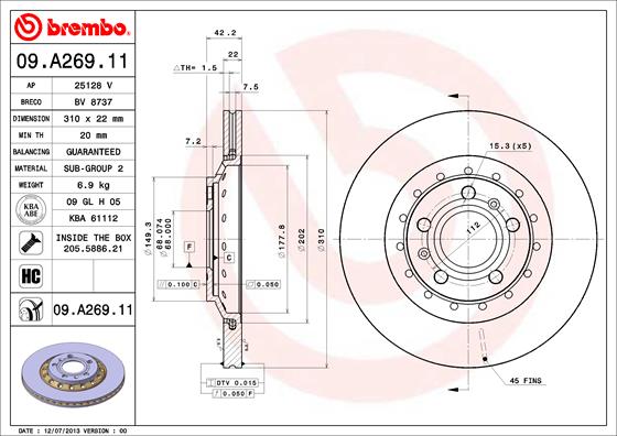 Bremsscheibe Hinterachse Brembo 09.A269.11