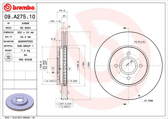 Bremsscheibe Vorderachse Brembo 09.A275.10