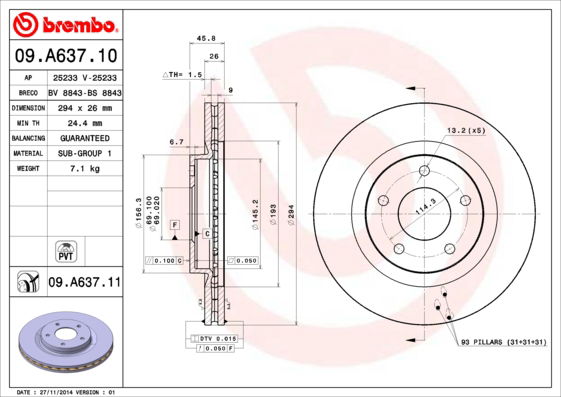 Bremsscheibe Vorderachse Brembo 09.A637.11