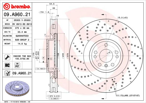 Bremsscheibe Vorderachse Brembo 09.A960.21