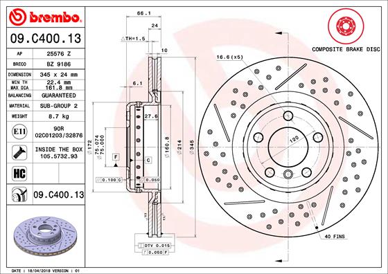 Bremsscheibe Hinterachse Brembo 09.C400.13