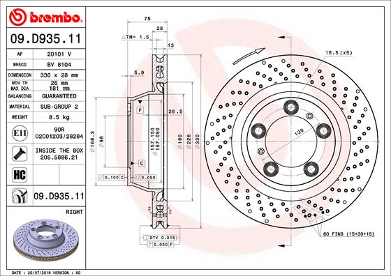 Bremsscheibe Hinterachse rechts Brembo 09.D935.11