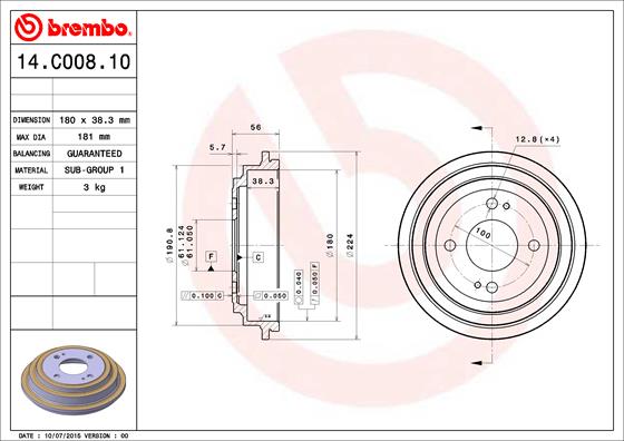 Bremstrommel Hinterachse Brembo 14.C008.10