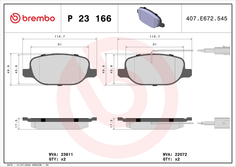 Bremsbelagsatz, Scheibenbremse Hinterachse Brembo P 23 166