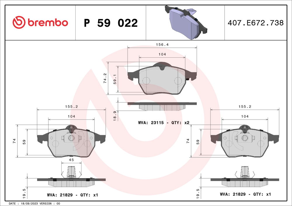 Bremsbelagsatz, Scheibenbremse Vorderachse Brembo P 59 022