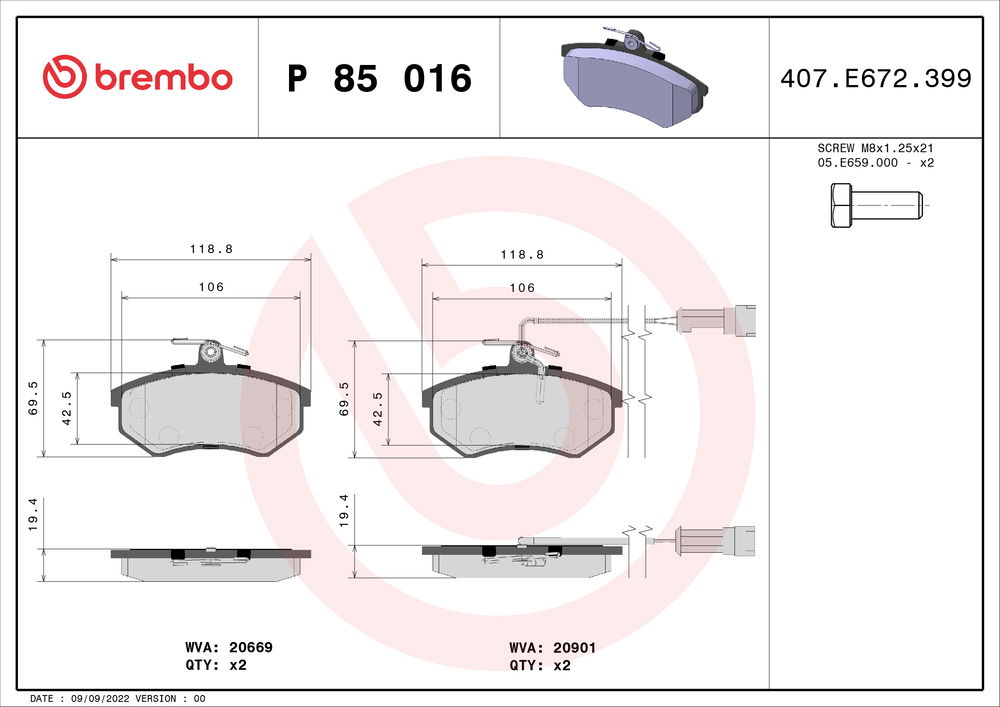 Bremsbelagsatz, Scheibenbremse Vorderachse Brembo P 85 016